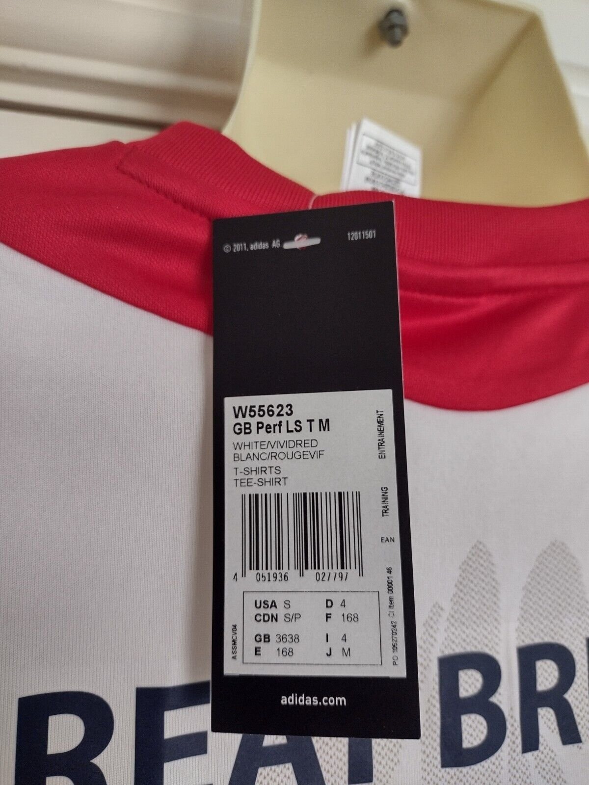 adidas Team GB Performance Long Sleeve Tee - White/Vivid Red Men’s Size GB 36/38 - Image 5